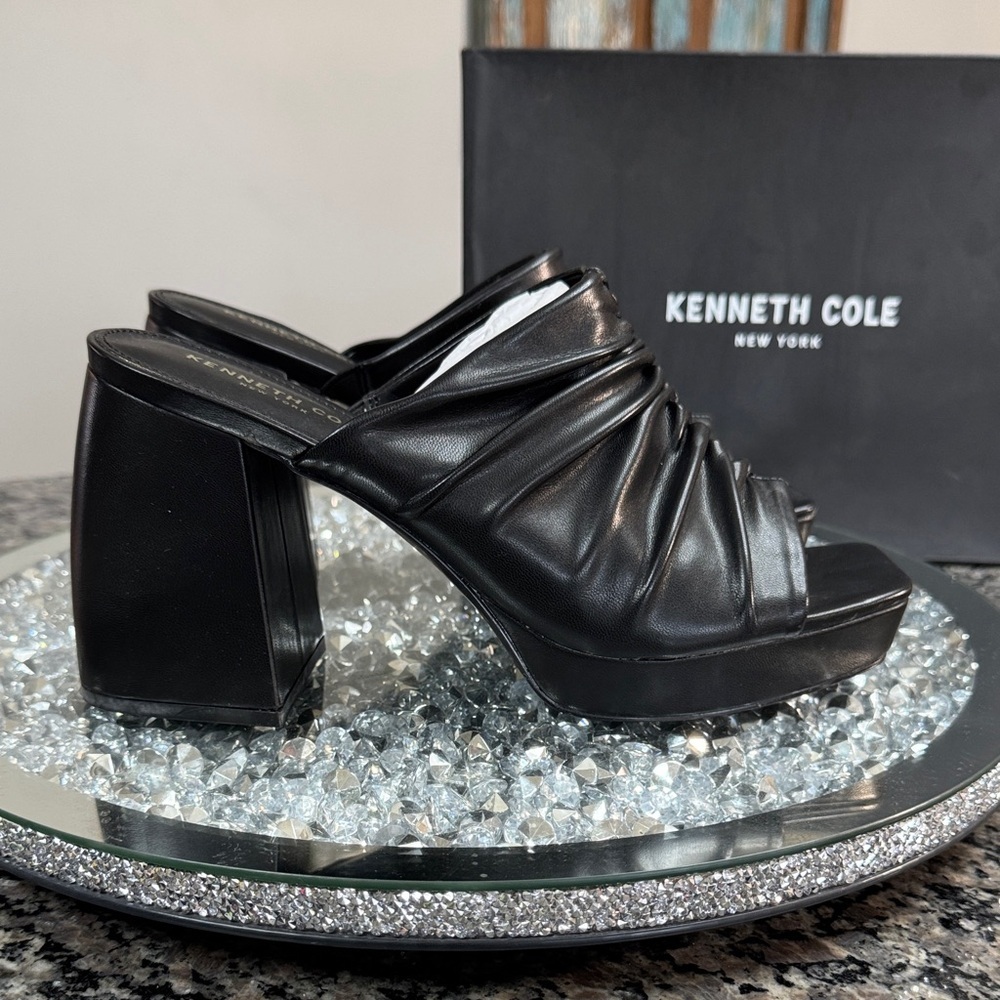 Kenneth Cole Black Ruched square toe Platform Block Heel peep toe Mules NEW 8.5